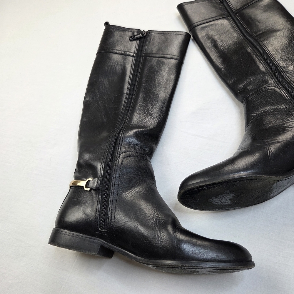 Tory Burch Black Leather Riding Boots 7.5M Gold Logo Hardware Equestrian Tall - Picture 4 of 15